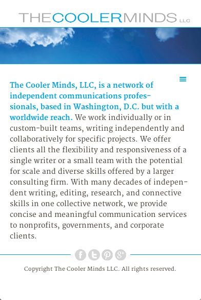 The Cooler Minds, LLC, home page, small screen