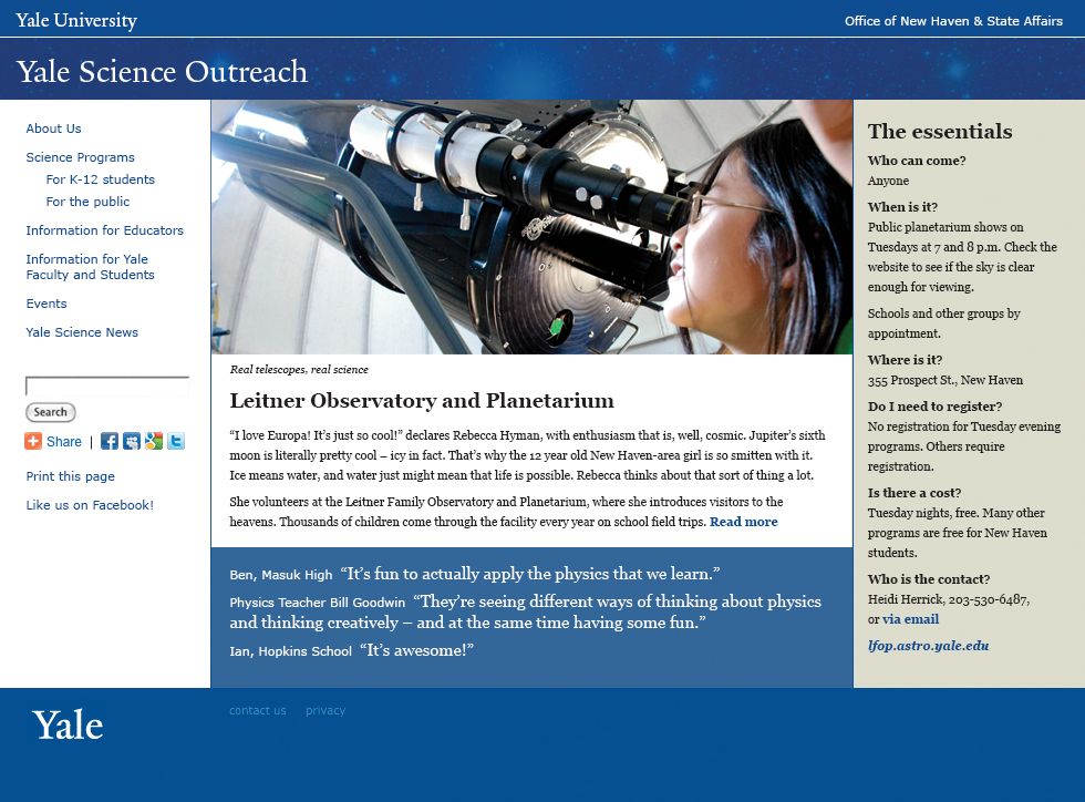 Yale Science Outreach, home page, Yale University